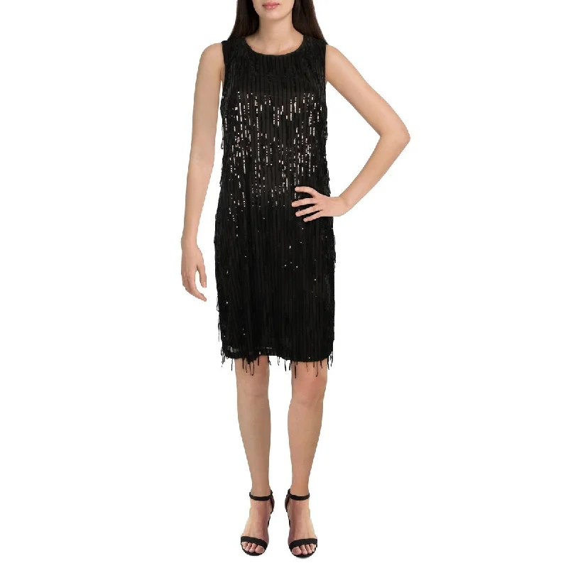 Chic Wardrobe Womens Mesh Overlay Sequined Shift Dress