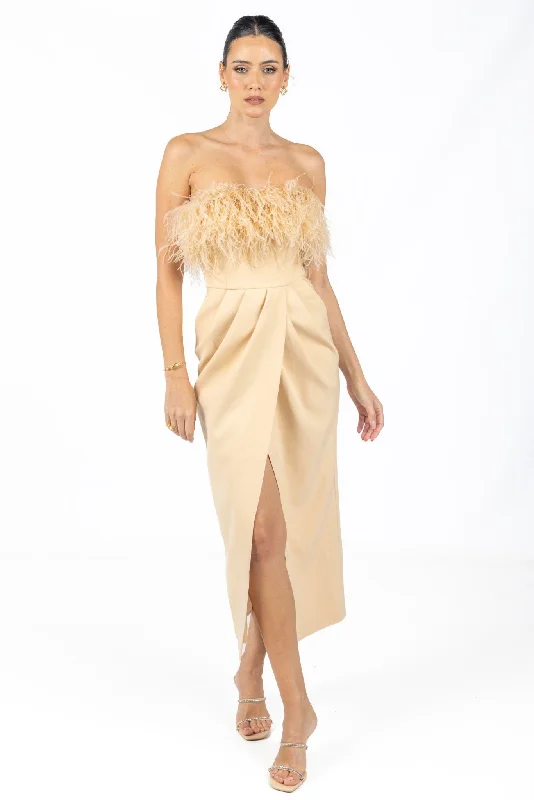 Women's High Street Fashion Diane Midi Feather Dress Beige