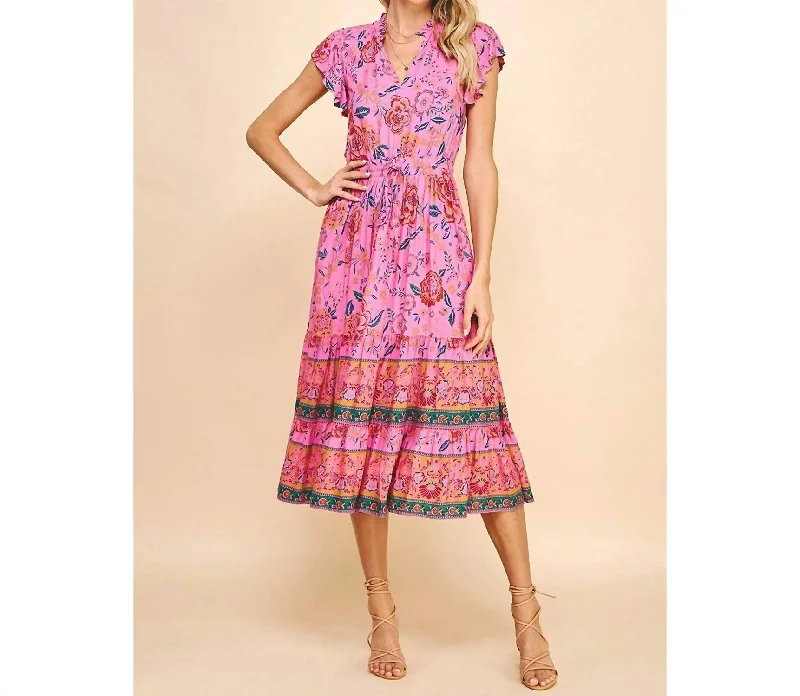 Athleisure Wear Border Print Tiered Dress In Hot Pink