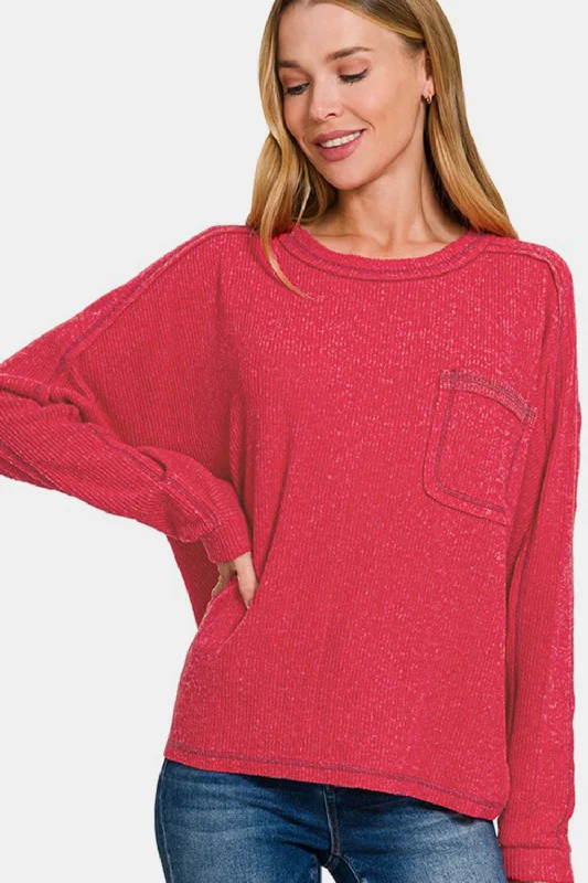 Women's Clothes Zenana Full Size Contrast Stitching Brushed Ribbed Hacci Knit Top