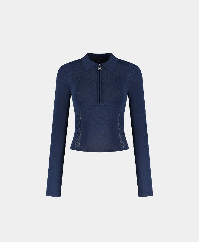 Comfortable Women's Attire Blue Zip Knit Polo Long sleeve