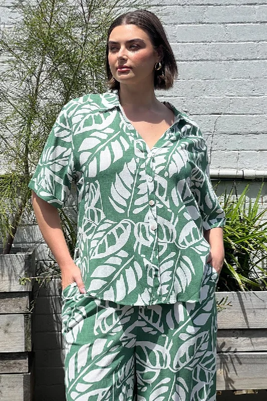 Vibrant Styles Green Abstract Relaxed Shirt Short Sleeve Linen Blend