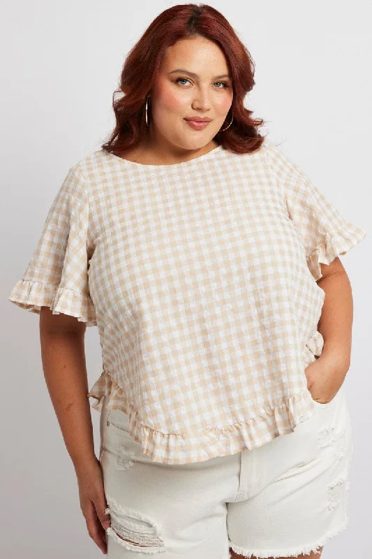 Sophisticated Style Beige Check Smock Top Short Sleeve