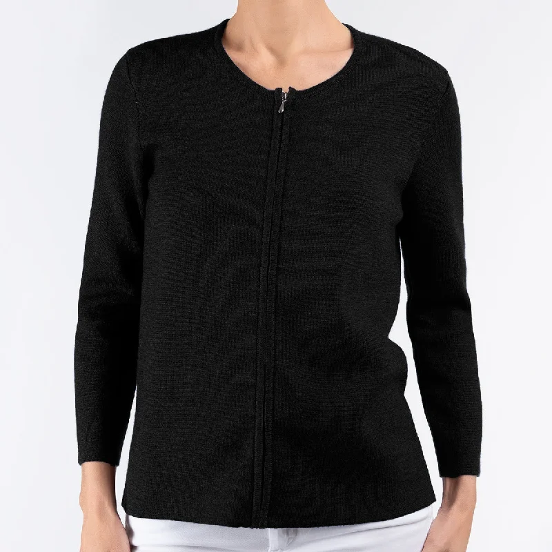 Women's Casual Outfit Round Neck Zip Cardigan in Black