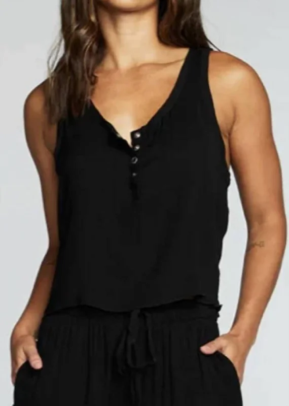 Workwear Fashion for Women Heirloom Wovens Cropped Snap Front Racerback Henley In True Black