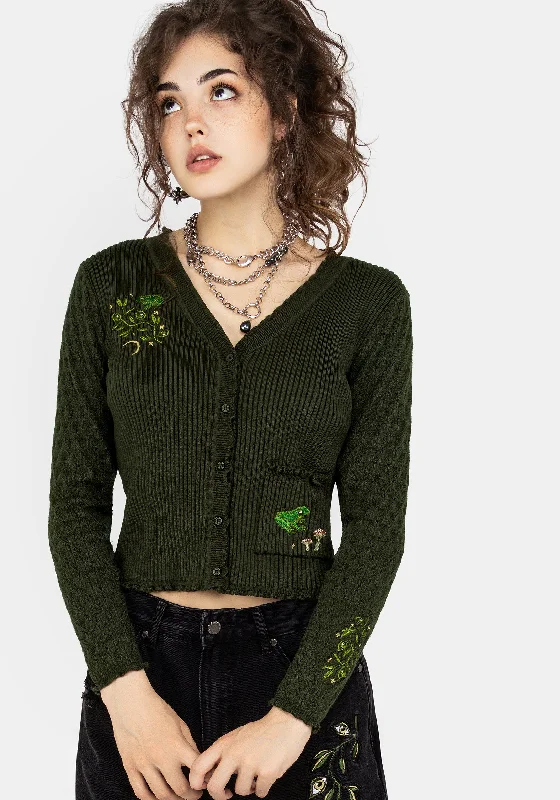 Relaxed Style Swamplife Embroidered Pointelle Knit Crop Cardigan