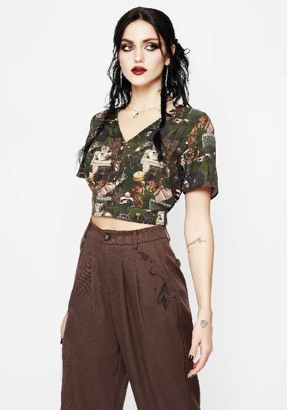 Trendy Fashion For Women Maleficium Printed Button Up Crop Top