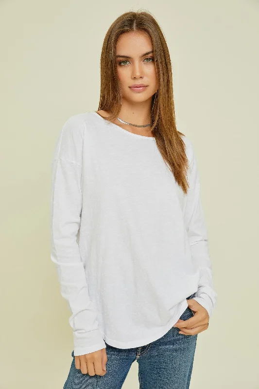 Classic Women's Fashion White Long Sleeve Curved Hem Top