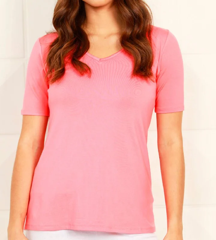 Women's Casual Wear Outfit Short Sleeve V-Neck T Shirt In Coral