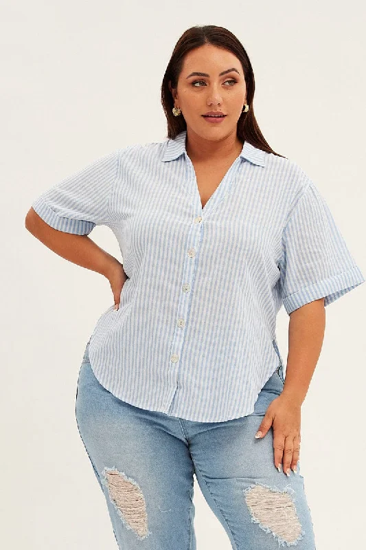 End of Season Sale Blue Stripe Relaxed Shirt Short Sleeve V-neck Button Up