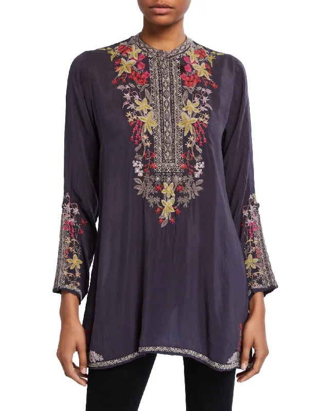 Comfortable Outfit For Women Lilianna Loose Fit Embroidered Tunic In Grey Onyx