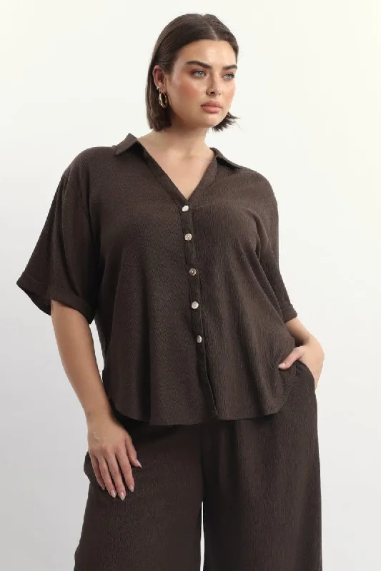 Sophisticated Outfits Brown Relaxed Shirt Short Sleeve Textured