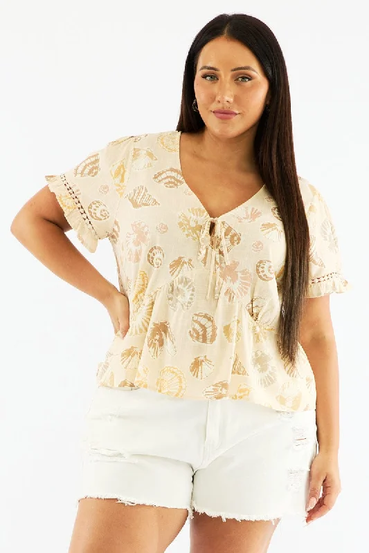 Casual Fashion Beige Abstract Smock Top Short Sleeve Linen Blend