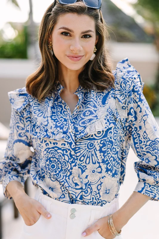 Elegant Styles Keep It Up Blue Floral Ruffled L/S Blouse