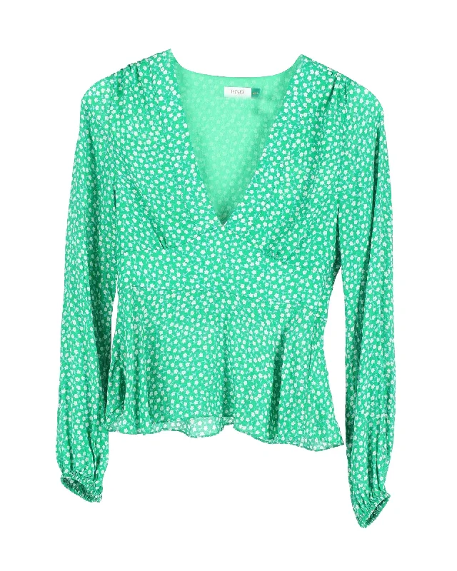 Women's Comfortable Lounge Attire Rixo Kikki Retro Micro Floral Top in Green Viscose