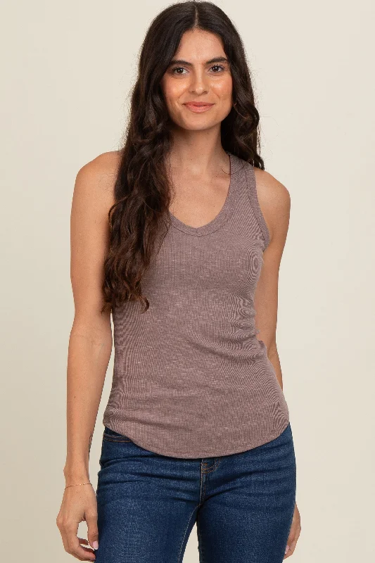 Business Casual Outfits Mocha V-Neck Ribbed Tank Top