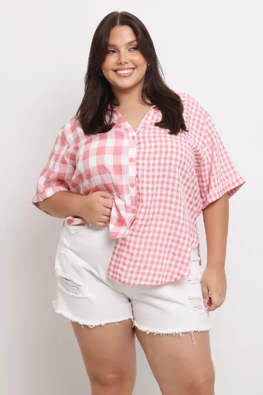 Boutique Styles Pink Check Relaxed Shirt Short Sleeve Mixed Check