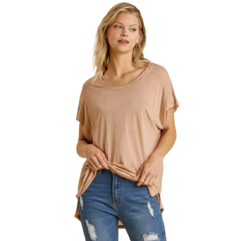 Casual Attire For Women Short Sheer Dolman Sleeve Scoop Neck Top With Side Slit