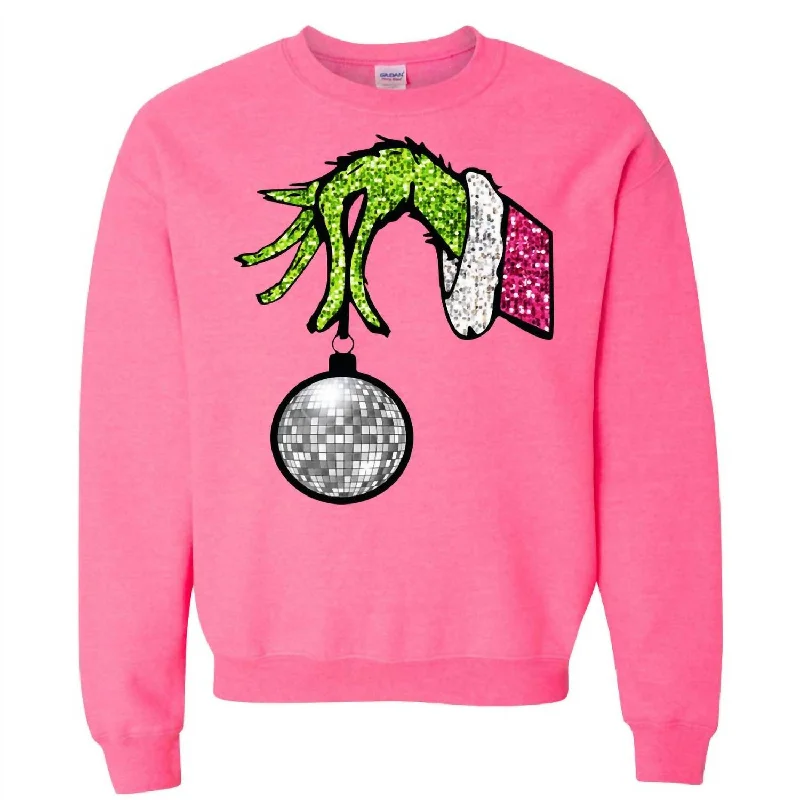 Women Online Clothing Boutiques Women's Faux Sequin Disco Grinch Sweatshirt In Hot Pink