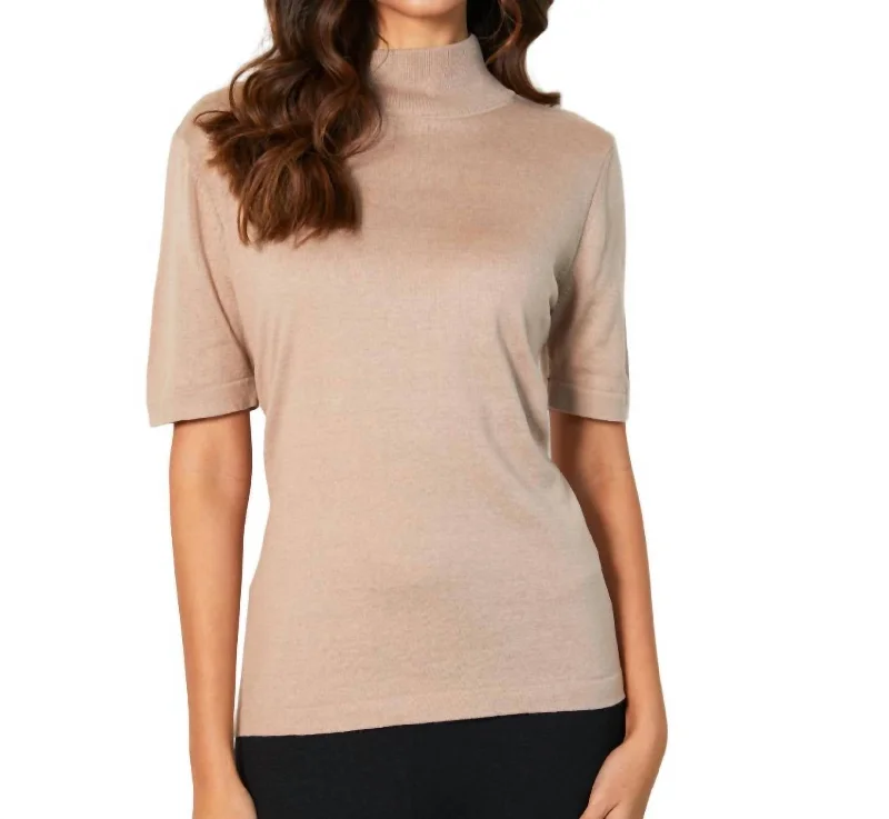 Stylish Women's Apparel Short Sleeve Mock Neck Top In Sand