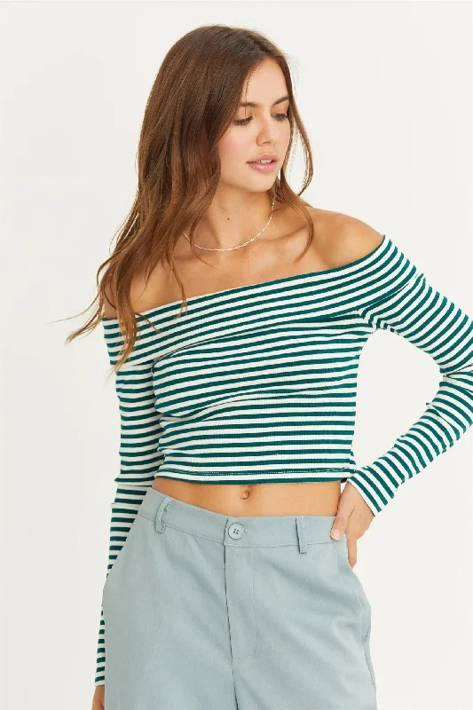 Imeless Style Green Striped Knit Off-The-Shoulder Crop Top