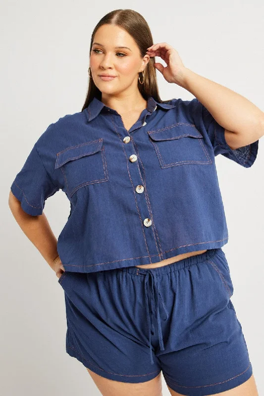 Holiday Special Offers Blue Relaxed Shirt Short Sleeve Contrast Stitch