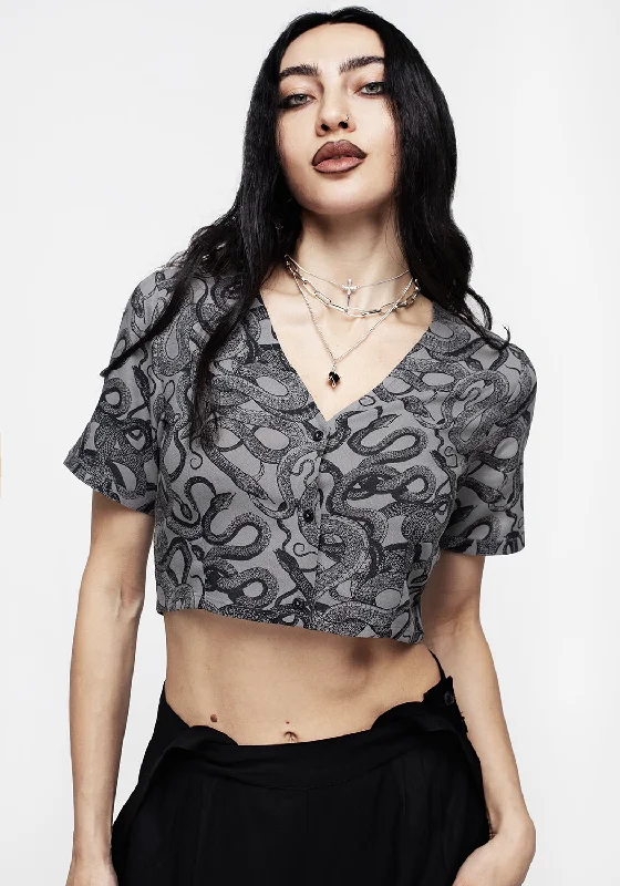 Must-Have Styles Ophidia Snakes Print Button Down Crop Top - Grey