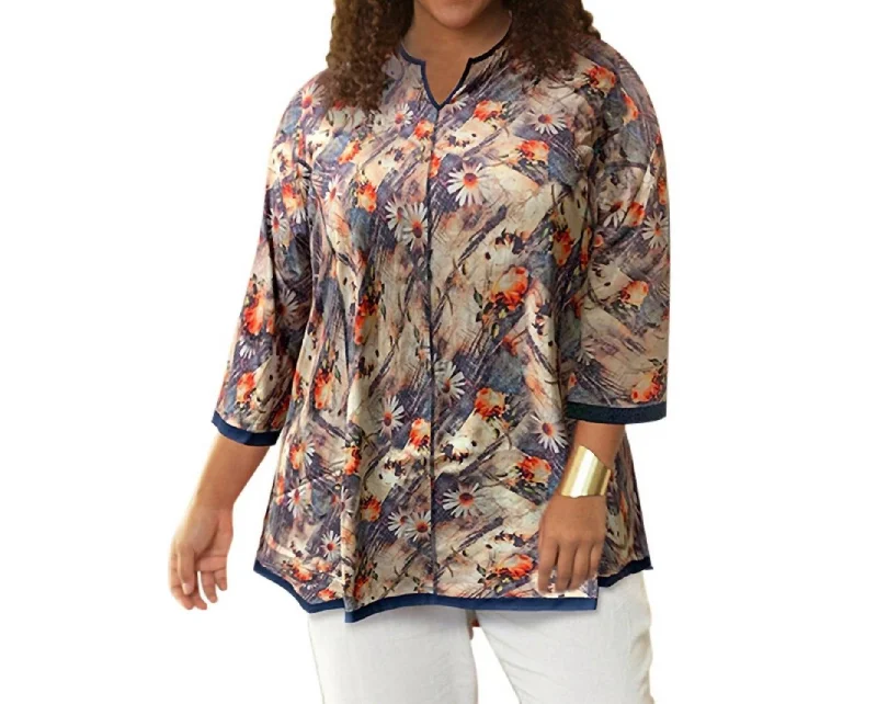 Clothes Sales Notched V-Neck Anaise Tunic - Plus In Denim Floral Brushstroke