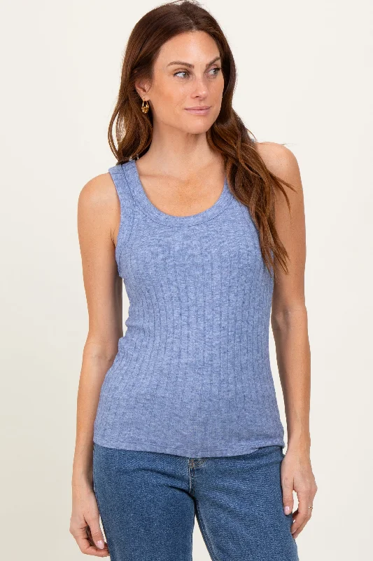 Premium Fashion Blue Melange Ribbed Fitted Tank Top