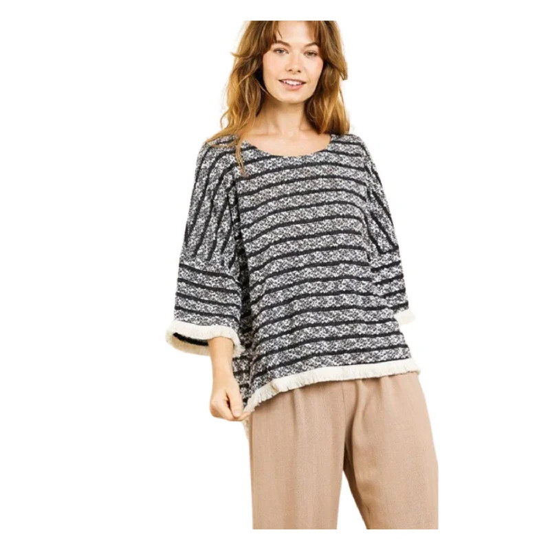 Women's Vintage-Inspired Outfit Heathered Striped Knit Bell Sleeve Round Neck Top