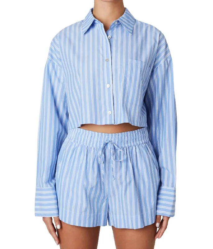 Modern Women's Apparel Austin Button Up Crop Shirt In Blue/white