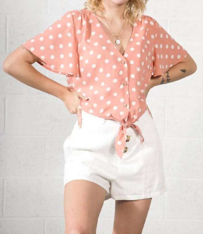 Women's High-Fashion Outfit Polka Dot Tie Knot Crop Top In Blush