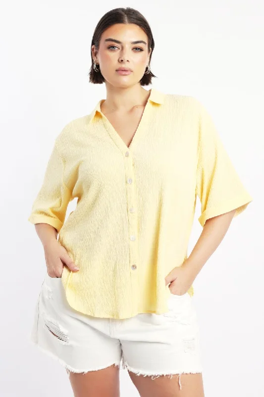 Free Spirited Fashion Yellow Textured Shirt Short Sleeve