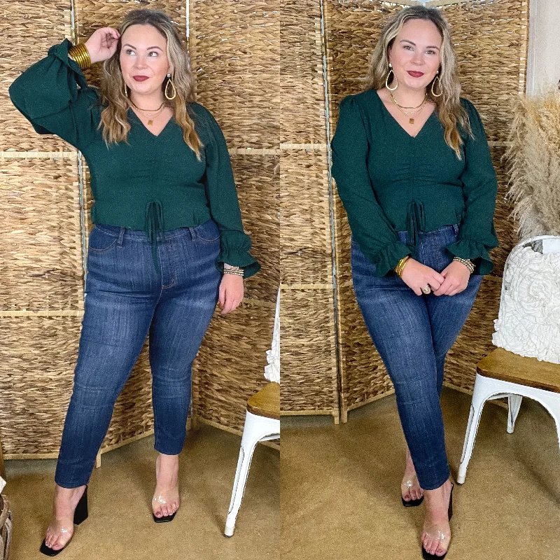 Chic Women's Outfit Authentic Aura Ruched Front Peplum Crop Top with Long Sleeves in Forest Green