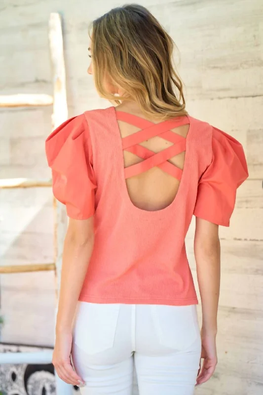 Women's Fashion Essentials Criss Cross Back Short Sleeve Top - Coral