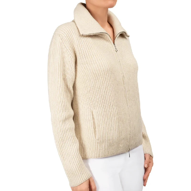 Women's Trendy Outfits Cashmere & Wool Rib Zip Cardigan in Latte