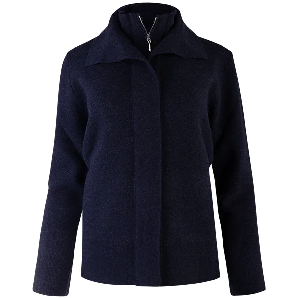 Women's High-Fashion Outfit Double Collar Zip Front Cardigan in Dark Navy