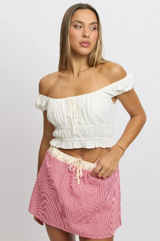 New Arrival Discounts White Ruched Top Short Sleeve Linen Blend