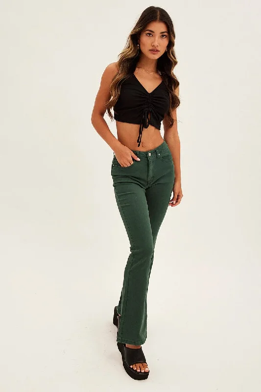 Women's High-Fashion Outfit Green Flare Denim Jeans Low Rise