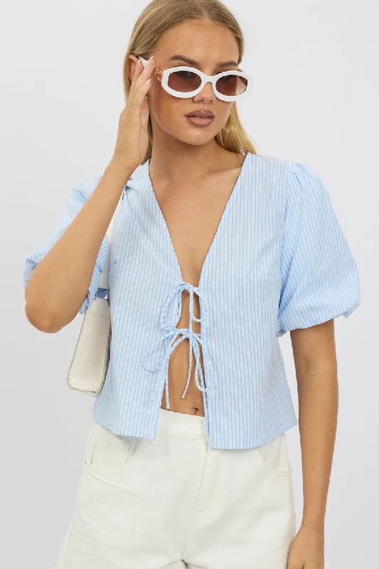 Evening Looks Blue Stripe Tie Front Top Puff Short Sleeve