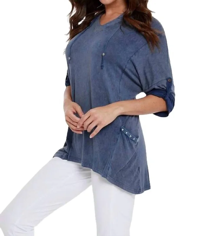 Elegant Styles Hooded Drawstring Tunic Top In Denim