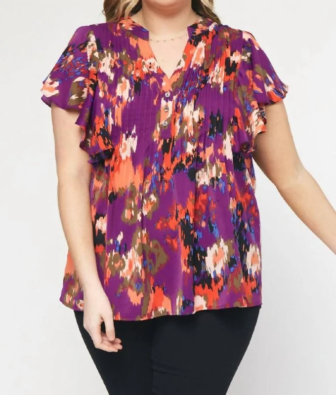 Vintage Women's Fashion Plus Printed Short Sleeve Top In Plum