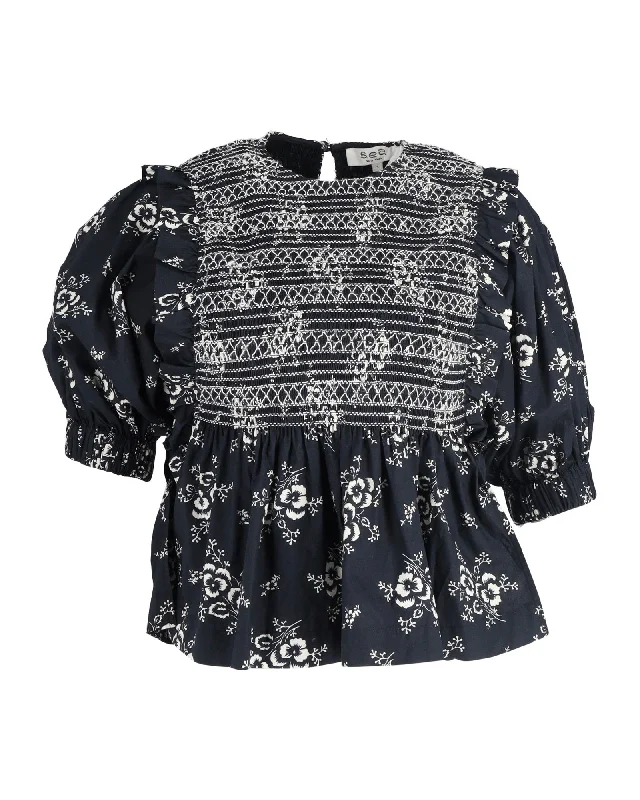 Women's Luxury Attire Sea New York Alessia Print Smocked Floral Print Top in Black Cotton