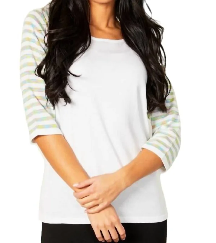 Women's Chic Outerwear Garments Stripe Sleeve Raglan Scoop Neck Top In White Multi