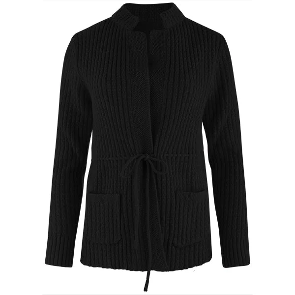 Women's Stylish Outdoor Outfit Drawstring Waist Cardigan in Black