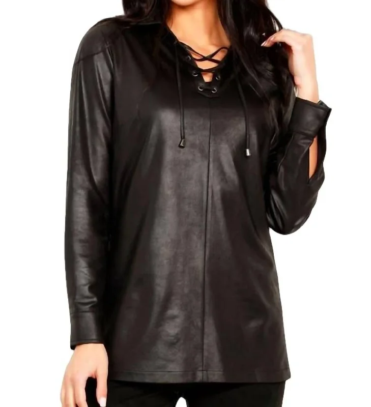 Women's Work Outfit Vegan Leather Collar Tunic In Black