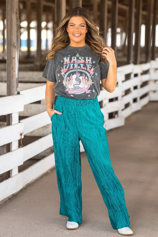 Clothes For Women Turquoise Crystal Pleat Wide Leg Pants