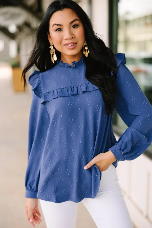 Women's Athletic Apparel Romantic History Denim Blue Ruffled Blouse