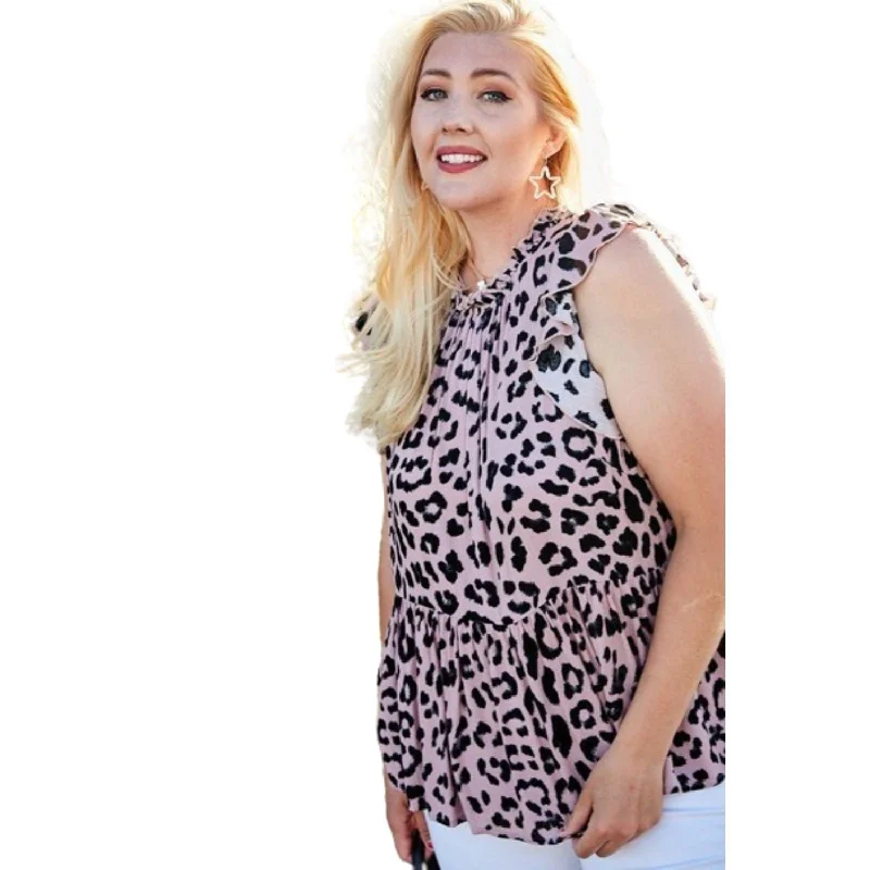 Women's Stylish Outdoor Outfit Plus Size Round Neck Back Button Leopard Print Top