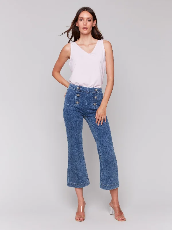 Colorful Clothing Cropped Pull-On Flare Jeans with Front Buttons - Medium Blue